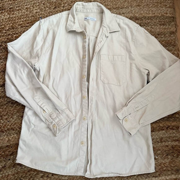 Zara Men’s Large Beige Cotton Button Down Shirt - Picture 1 of 3